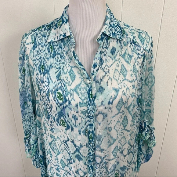 Miss June Paris Blue Green White Ikat Print Long Sleeve Embroidered Ruffle Dress - Picture 10 of 16
